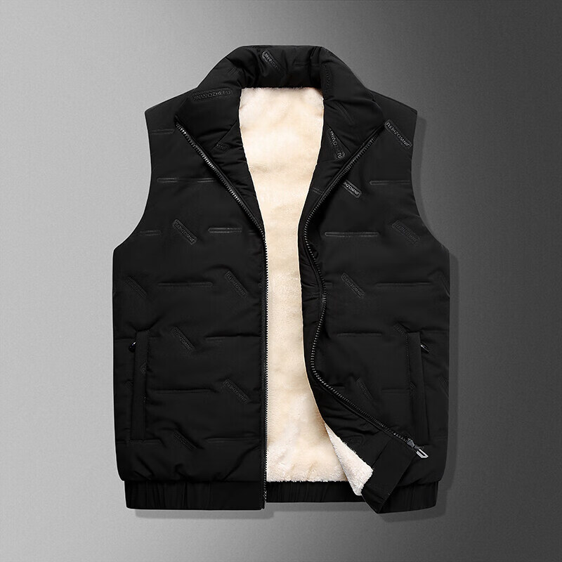 加绒加厚棉马甲男冬季新款潮流百搭休闲马夹外套纯色坎肩背心 黑色