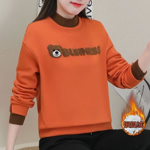 中年妇女卫衣秋冬款加绒加厚女士冬小个子刺绣小熊秋冬女装加绒卫衣女