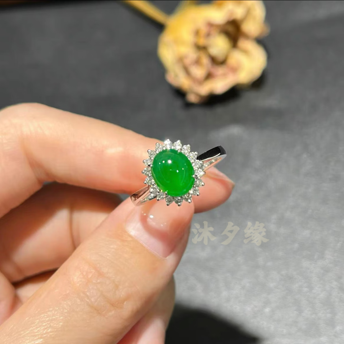碧允气质款翡翠戒指冰种银镶嵌缅甸老坑玉戒满阳绿透润帝王绿指环处理