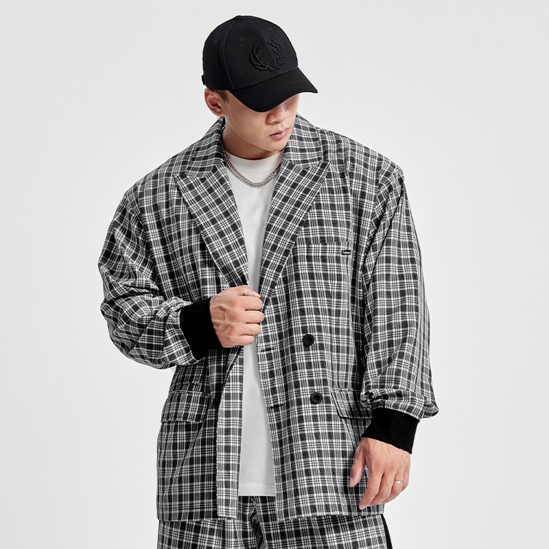 鹿家门 千鸟格复古格子运动西装外套男休闲大码时尚运动西服上衣春秋