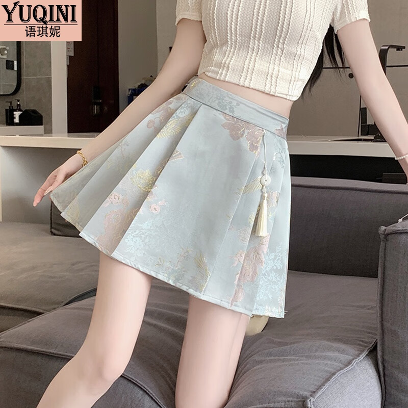 蓝色防走光【夏天穿搭 a字半身裙 s