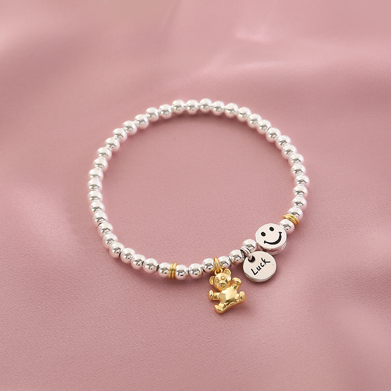 笑脸小熊s925银幸运手链女生闺蜜感小众银珠子串珠手饰 小熊手链