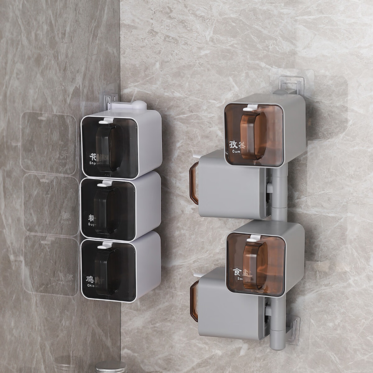 创建厨房旋转调料盒组合套装壁挂式调料瓶收纳盒置物架免打孔 （旋转式）灰色4格