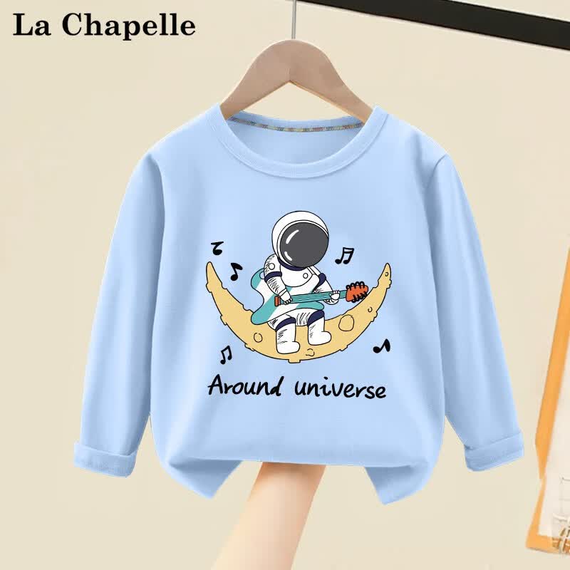 LA CHAPELLE MINI拉夏贝尔男宝宝纯棉长袖t恤春秋款男童薄款白色打底衫儿童上衣服 【纯棉长袖】天蓝月球太空人 130怎么看?