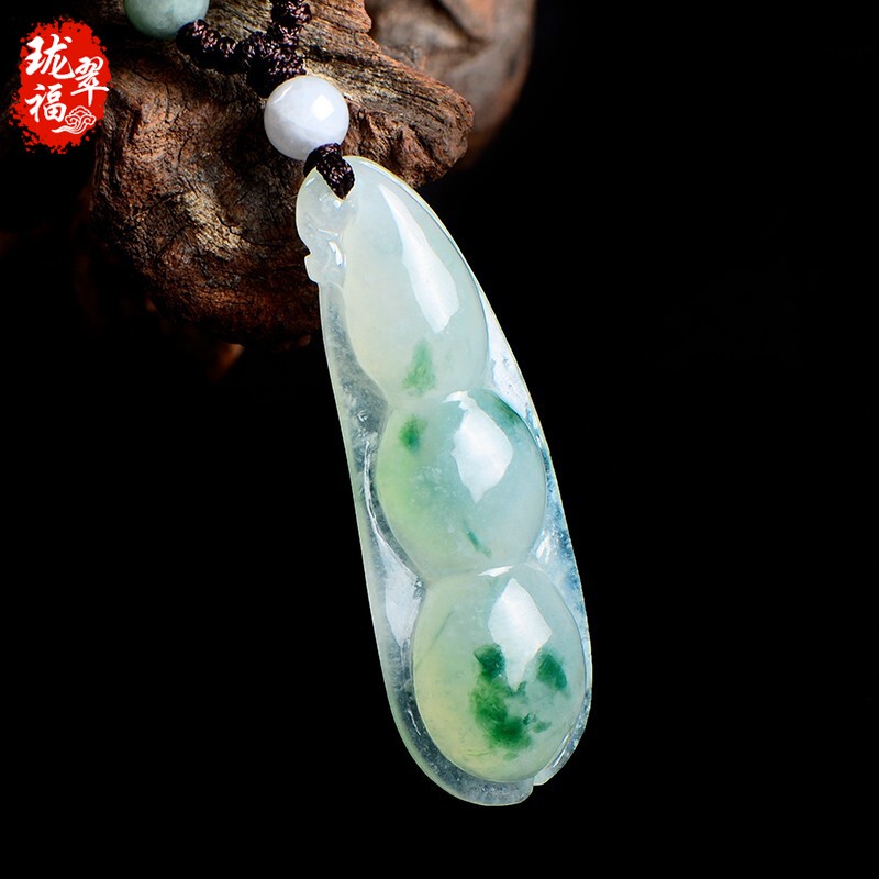 珑翠福缅甸a货翡翠冰种飘蓝花福豆挂件 连中三元翡翠豆子吊坠玉坠女款