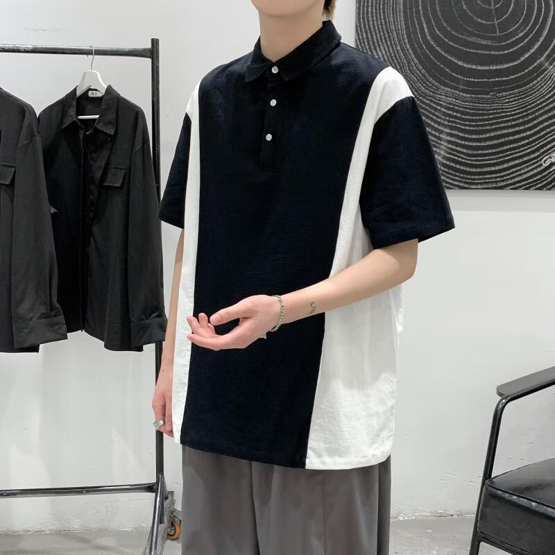 杜宾爵胖子男装夏季全身搭配黑白拼接polo衫微胖男生显瘦穿搭拼色短袖