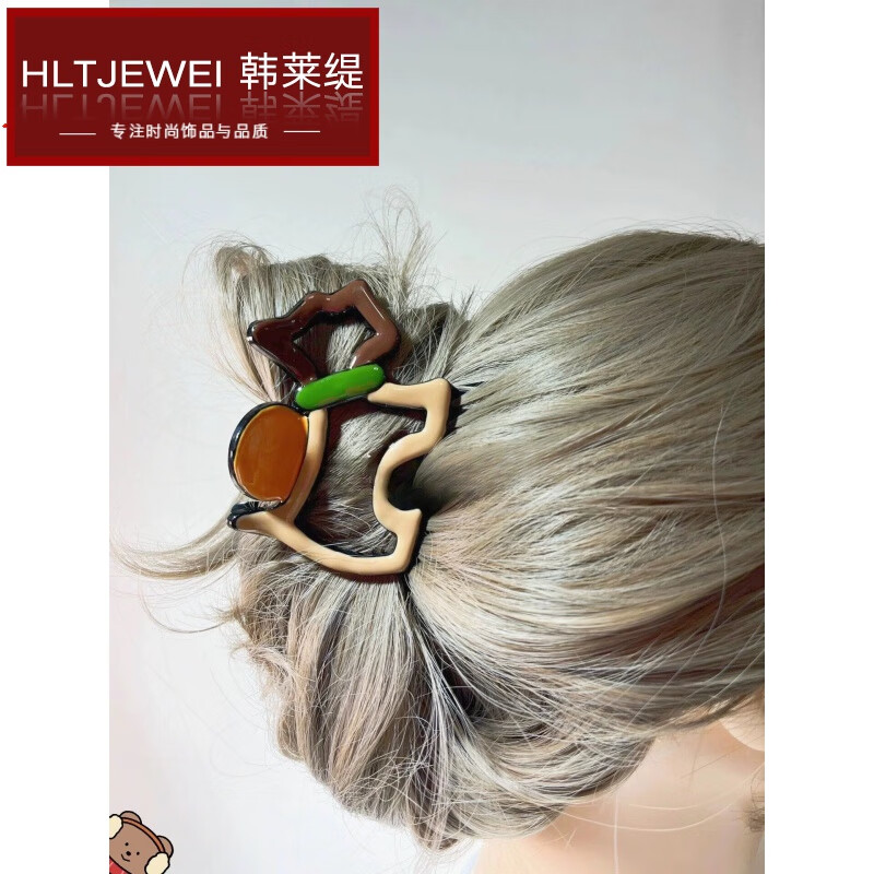韩莱缇（HANLAITI）韩国发夹小狗鲨鱼夹镂空狗狗抓夹拼接色发抓卡通后脑勺盘发夹饰品 美拉德色大号抓夹