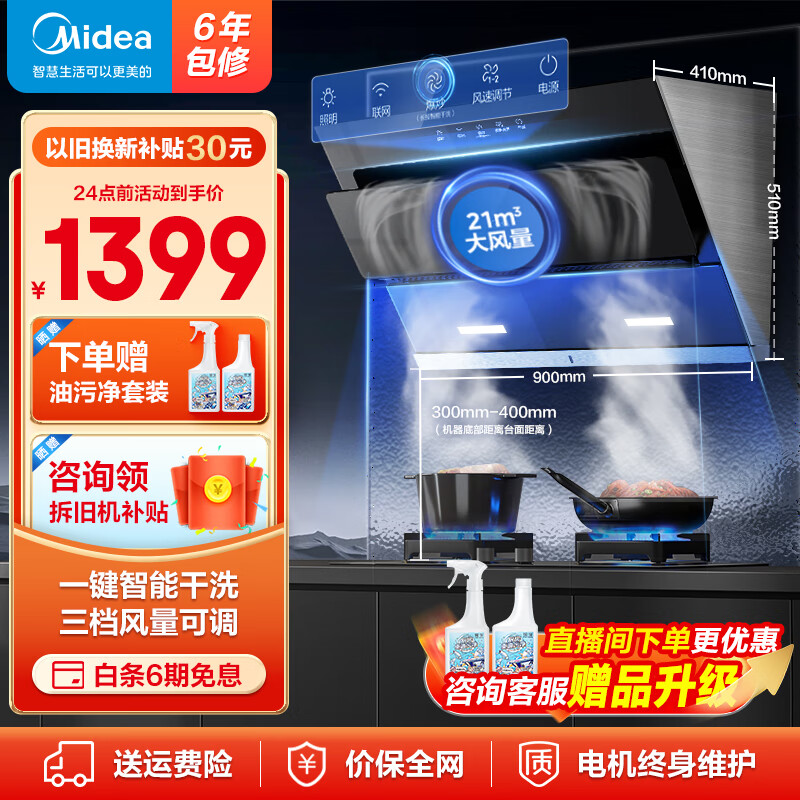 美的（Midea）侧吸式油烟机 21大吸力抽油烟机 家用厨房吸油烟机 排烟机 智能自动清洗JN205 【挥手控制】高性价比推荐 三档风量排烟机属于什么档次？