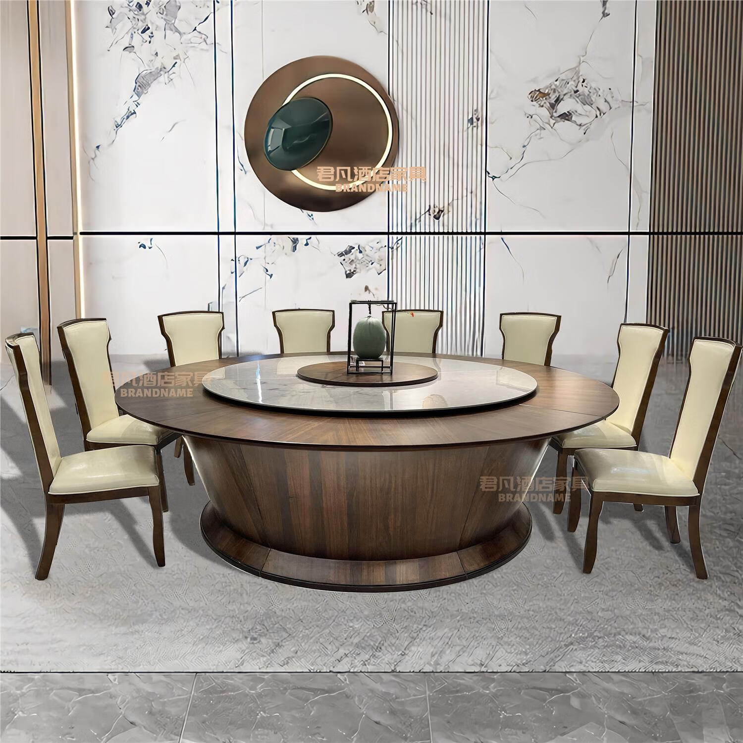 新中式酒店餐桌大圆桌岩板电动餐桌20人大圆桌实木餐厅2米大圆桌 手动