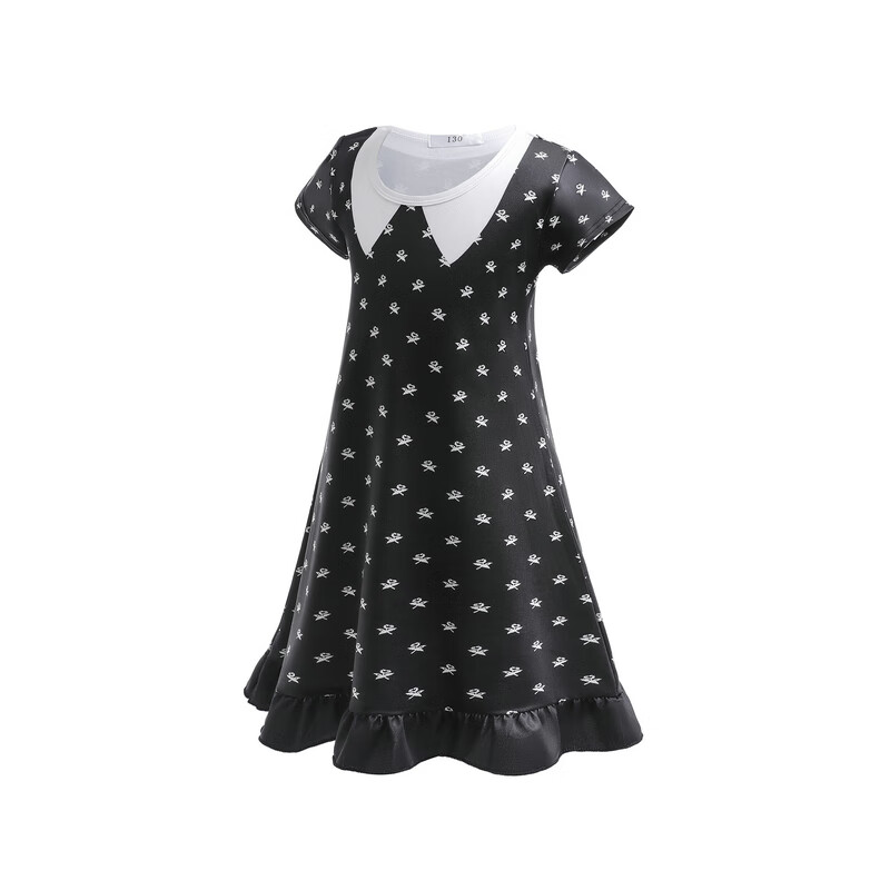 依百购亚当斯一家cos服万圣节星期三亚当斯黑色连衣裙印花裙cosplay