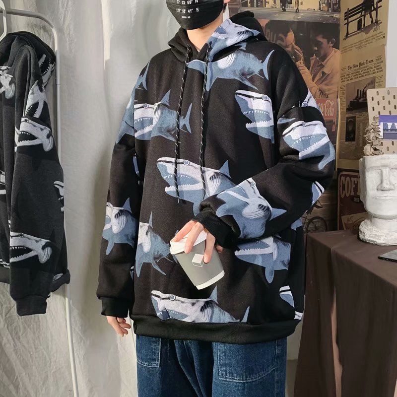 蓝骏启鲨鱼新款 秋冬季帽衫情侣加绒卫衣男士连帽潮牌宽松学生ins外套