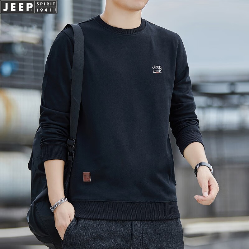 吉普(JEEP) 卫衣男士2023春秋季休闲宽松圆领T恤男长袖刺绣加绒加厚打底衫 SS7151黑色 2XL(建议155-170斤)属于什么档次?