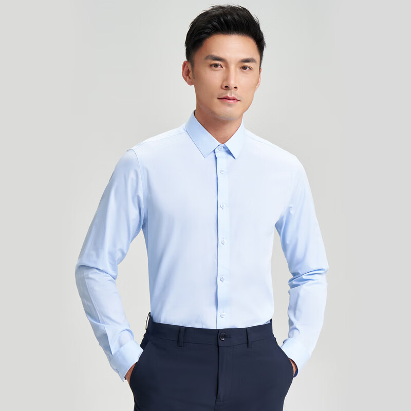 才子（TRIES）莫代尔长袖衬衫春秋款男士正衬休闲轻商务衬衣纯色职业装透气 蓝色 XL 40(175/92A)