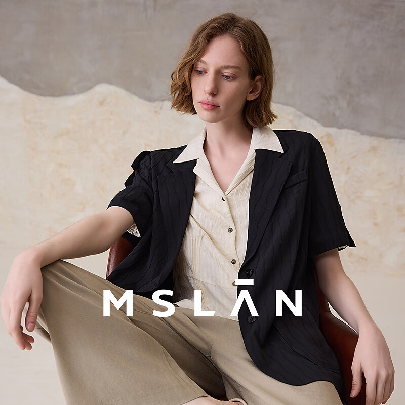 MSLAN夏季宽松薄款质感波浪肌理西装上衣休闲单色多口袋短袖外套 乌黑 S