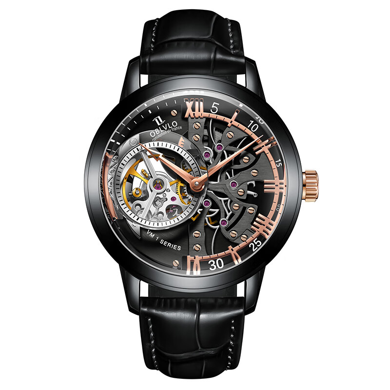 欧宝罗（OBLVLO）法国OBL全自动镂空机械表男十大品牌镂空手表运动复古男士 黑壳黑金面黑带