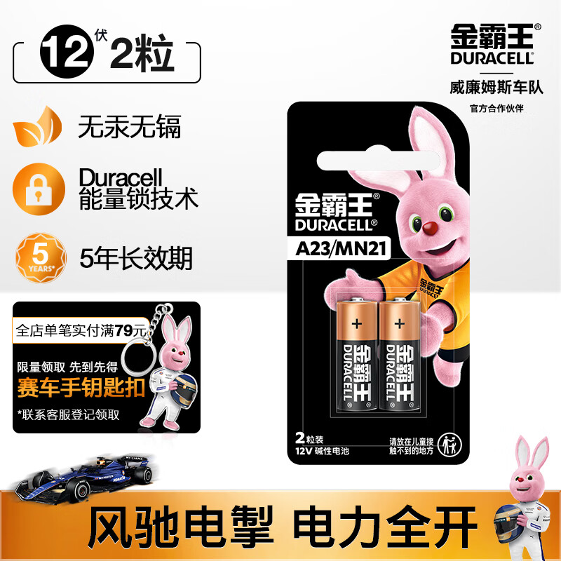 金霸王(Duracell) A23/MN21 电池高伏碱性短电池2粒装适用于门铃/车辆防盗器/遥控器/话筒/电子词典