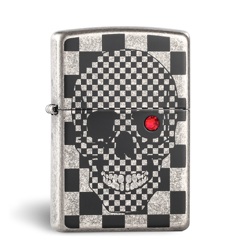 zippo之宝官方原装煤油打火机 红晶骷髅黑白格子 古银款专柜正版官方