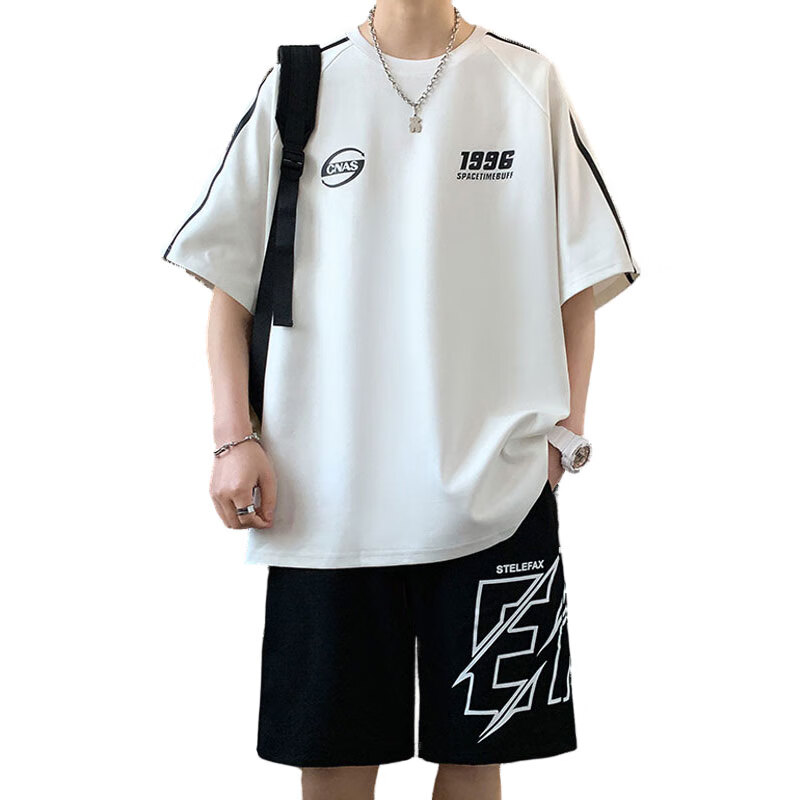 列迅圆领短袖t恤男生夏季休闲运动套装青少年潮牌酷帅穿搭两件套衣服T 5813白色 S (约70~85斤可穿)