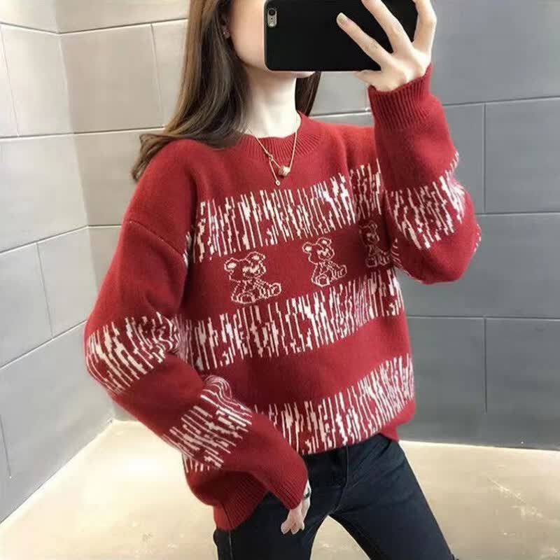 西柏图 2021秋冬新款加绒加厚毛衣女宽松外穿百搭圆领洋气套头针织衫