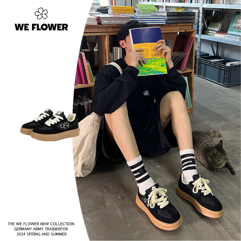 WE FLOWER新品经典复古小花德训鞋时尚百搭休闲厚底耐磨情侣透气低帮板鞋 经典黑 39