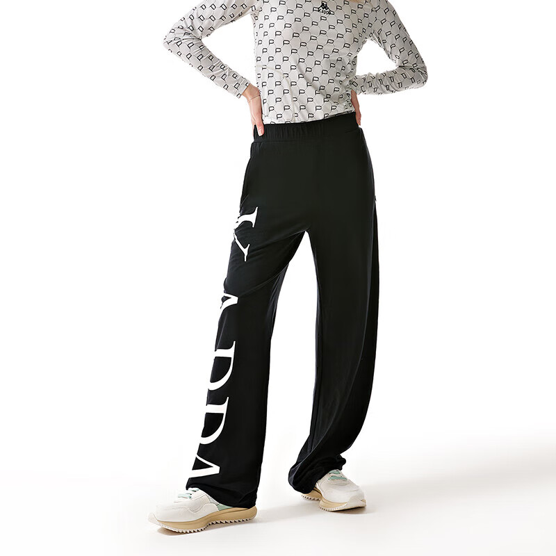 卡帕（Kappa）运动裤女透气针织长裤黑色休闲直筒卫裤阔腿裤K0D42AK03