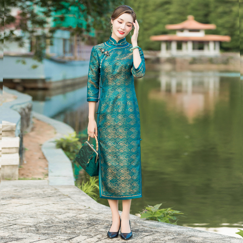 华族经典老上海旗袍中长款初秋装中式复古手工开襟真丝织锦缎祺袍