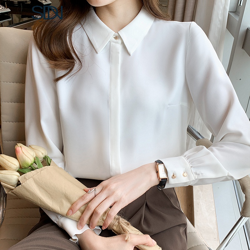 秋装2021新款高端复古缎面白衬衫女士设计感长袖上衣职业气质雪纺衬衣