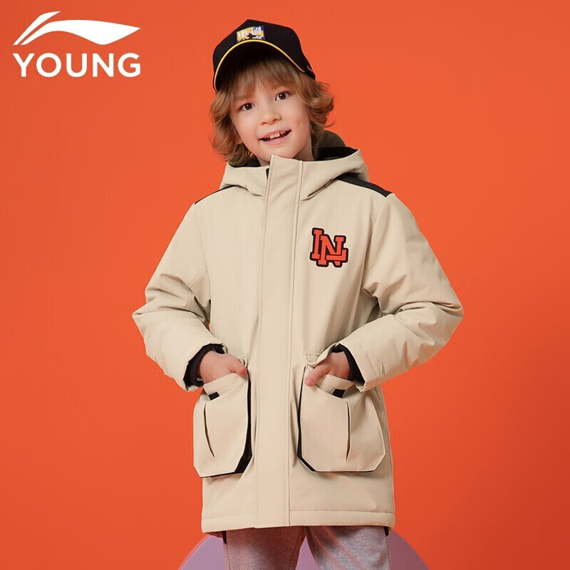李宁童装儿童棉服男童运动时尚系列字母logo大口袋设计棉服YFMR352-4鹿皮褐160