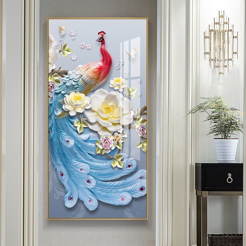 入门玄关孔雀挂画装饰画竖版墙壁画走廊过道单联画现代简约楼梯画图案