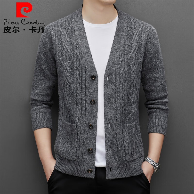 皮尔卡丹（pierre cardin）春季新款时尚休闲中青年男士开衫毛衣复古宽松帅气针织衫休闲外套 灰色 165/80A