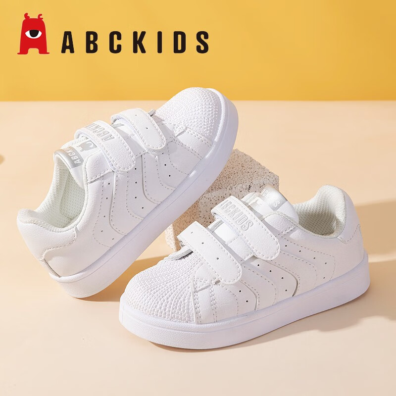 ABC KIDS童鞋男童鞋2025夏季新款儿童运动鞋板鞋网面透气贝壳头女童小白鞋 春秋革面白色 28