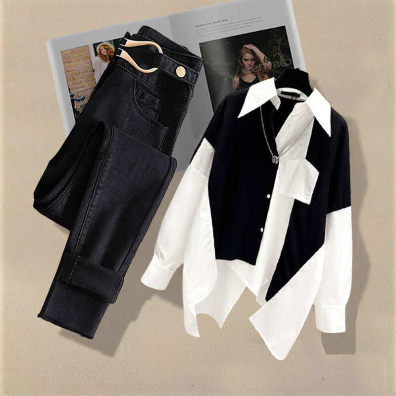 黑白衬衫 黑色牛仔裤_【两件套】 m_【建议80-100斤】