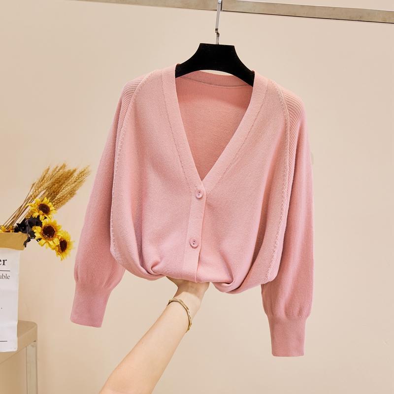 春秋开衫女针织衫短款宽松慵懒风长袖新款蝙蝠袖毛衣外套女 浅粉色 mm