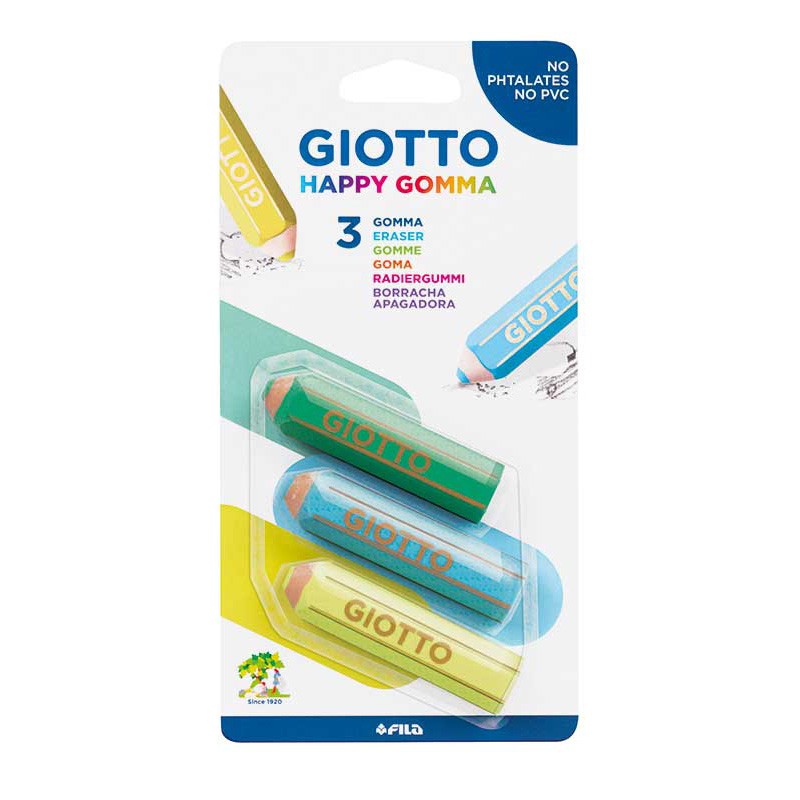 意大利进口GIOTTO橡皮擦彩虹色铅笔形橡皮 学生擦得干净儿童美术素描写字绘图像皮 绿蓝黄 3个装
