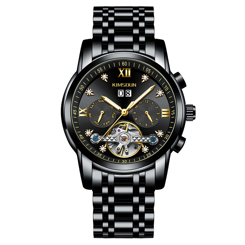 金诗顿金诗顿新款金诗顿品牌镶钻陀飞轮镂空全自动机械表男士手表防水男 黑壳黑面