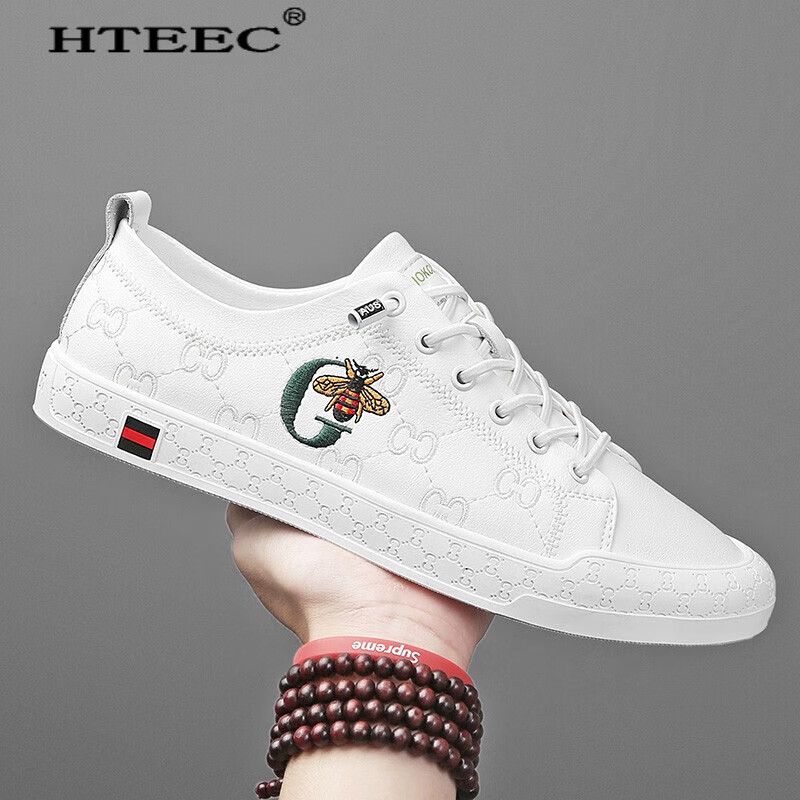 hteec潮牌男鞋新款夏季板鞋真皮小蜜蜂小白鞋一脚蹬休闲鞋透气男士潮
