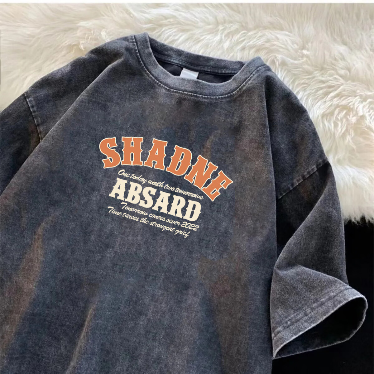 短袖t恤水洗做旧小领口5分袖落肩宽松大码透气半 5分袖水洗t恤shaned*