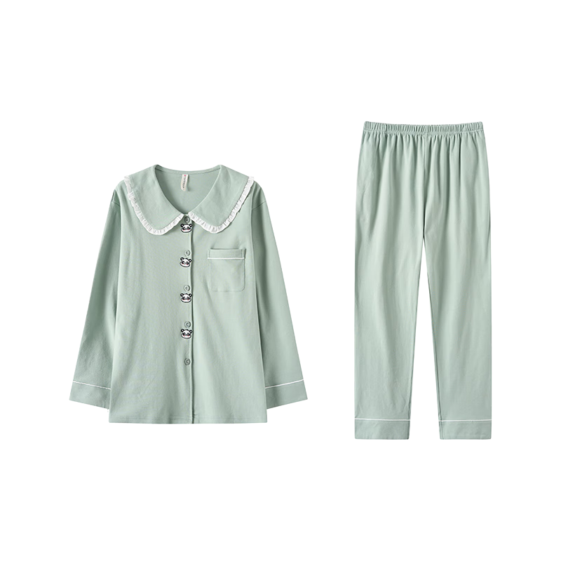 芬腾新款柔软花边翻领男士家居服睡衣套装 灰绿（男） 2XL