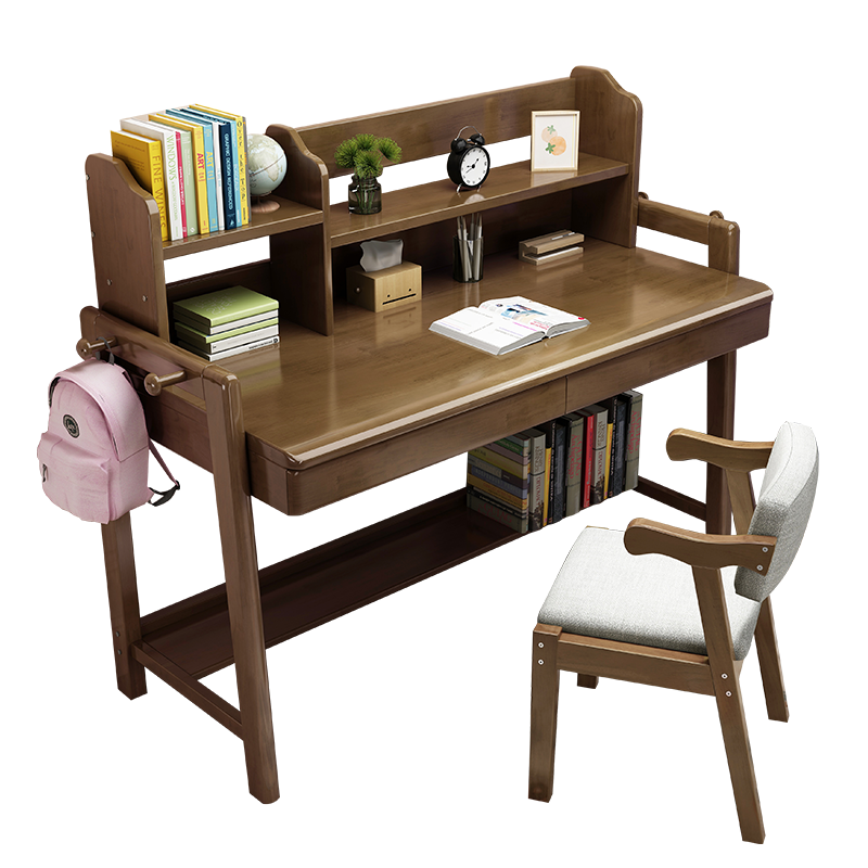 本色熊 儿童学习桌 电脑桌 儿童全实木电脑桌书桌学生家用写字桌带书架卧室简约 白色 100cm书桌+椅子