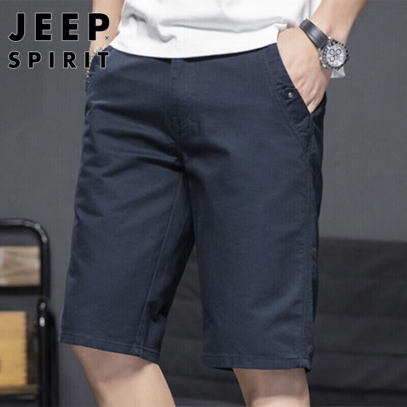 吉普（JEEP）短裤男夏季休闲纯棉男士五分裤宽松沙滩裤直筒裤 蓝色 34 