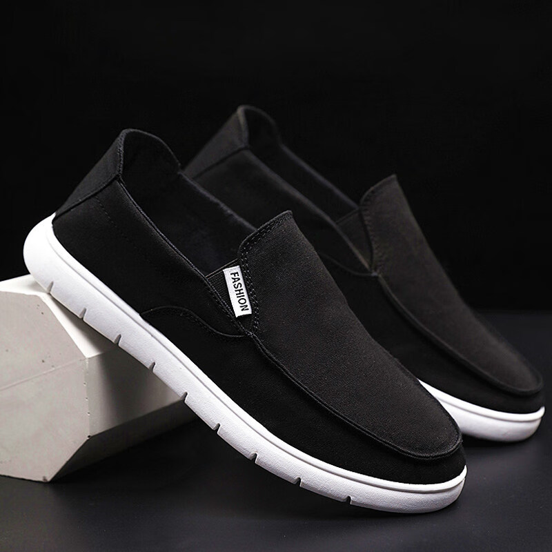 定将上班鞋男男轻便休闲一脚蹬帆布鞋潮流软底黑色透气男士工作布鞋