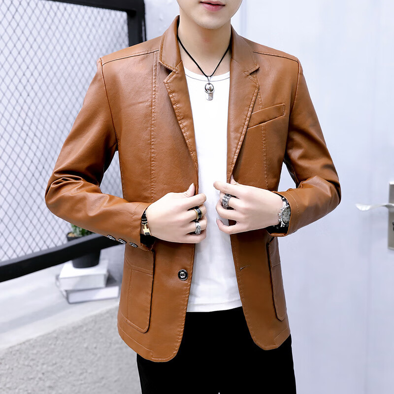 商务皮衣男2021春秋青年商务休闲西装外套男皮夹克男 红棕色 xxxxl