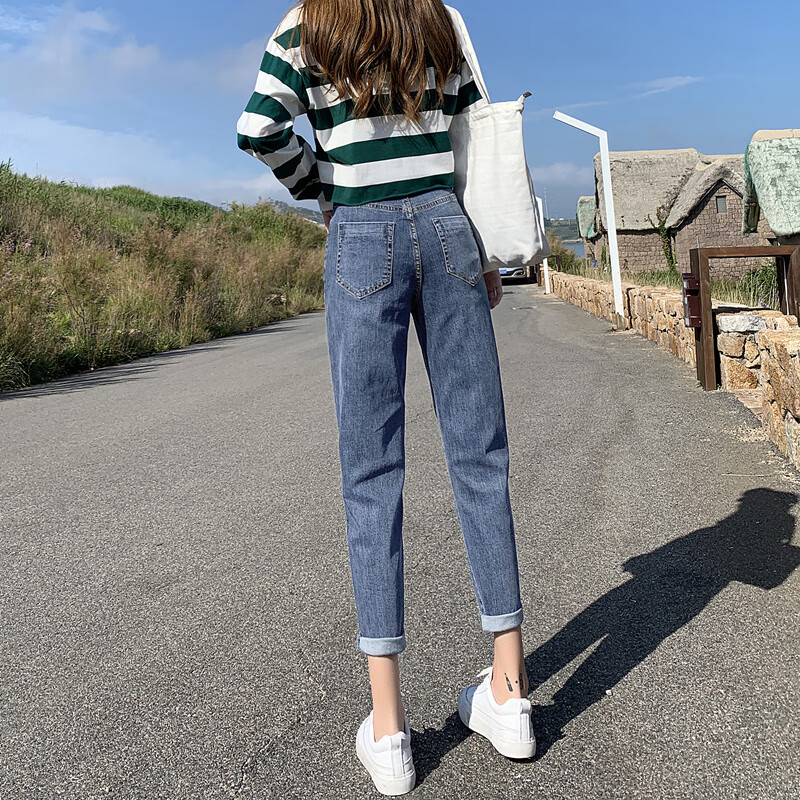 kwgo高端哈伦牛仔裤女秋季新款高腰显瘦小个子九分萝卜 复古蓝 25