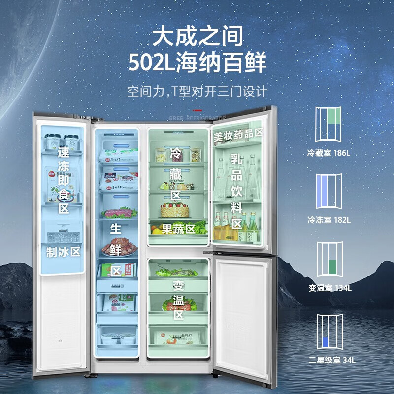 格力(GREE)晶弘冰箱502升T型三门对开-33℃深冻储鲜宽幅变温变频一级能效BCD-502WPDGA/云岫岩