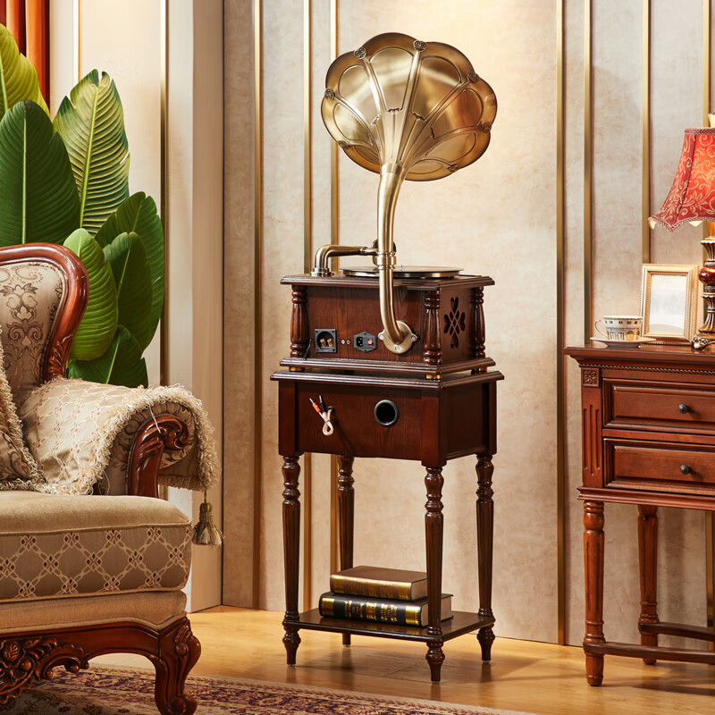 圣利纳(SHENGLINA) 美式实木留声机复古怀旧国民老式唱片机仿古大喇叭音响欧式黑胶唱片机电唱机 【胡桃色】铜喇叭+低音炮