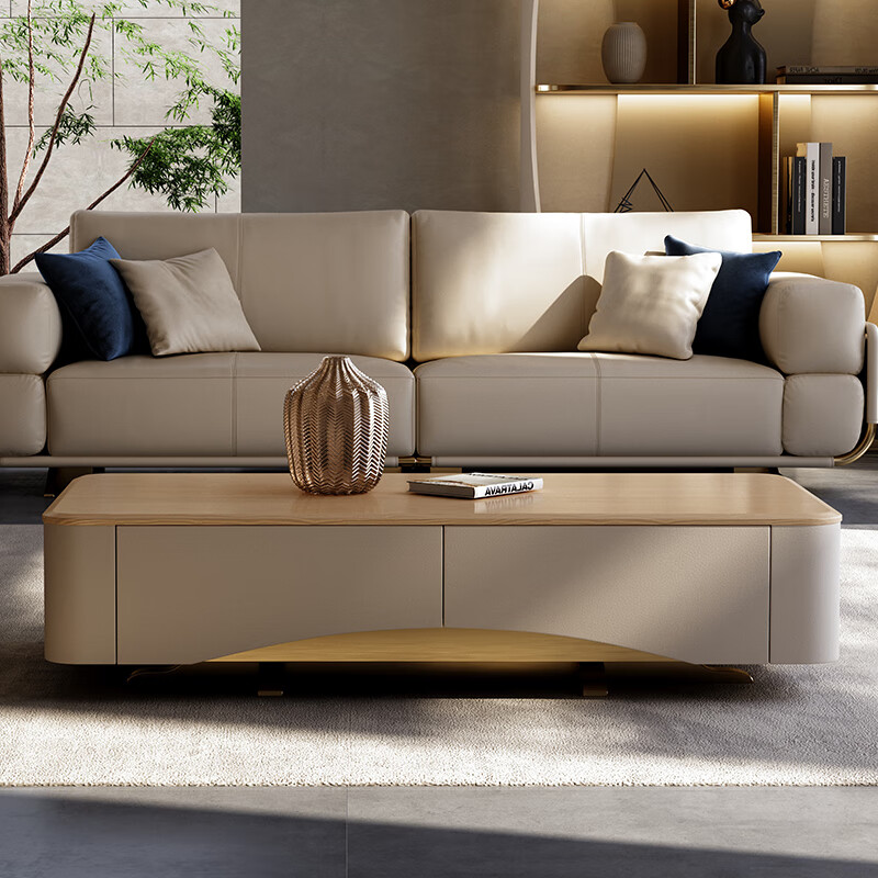 美得乐2024年新款实木长方形茶几现代客厅家用高级感原木风白蜡木家具