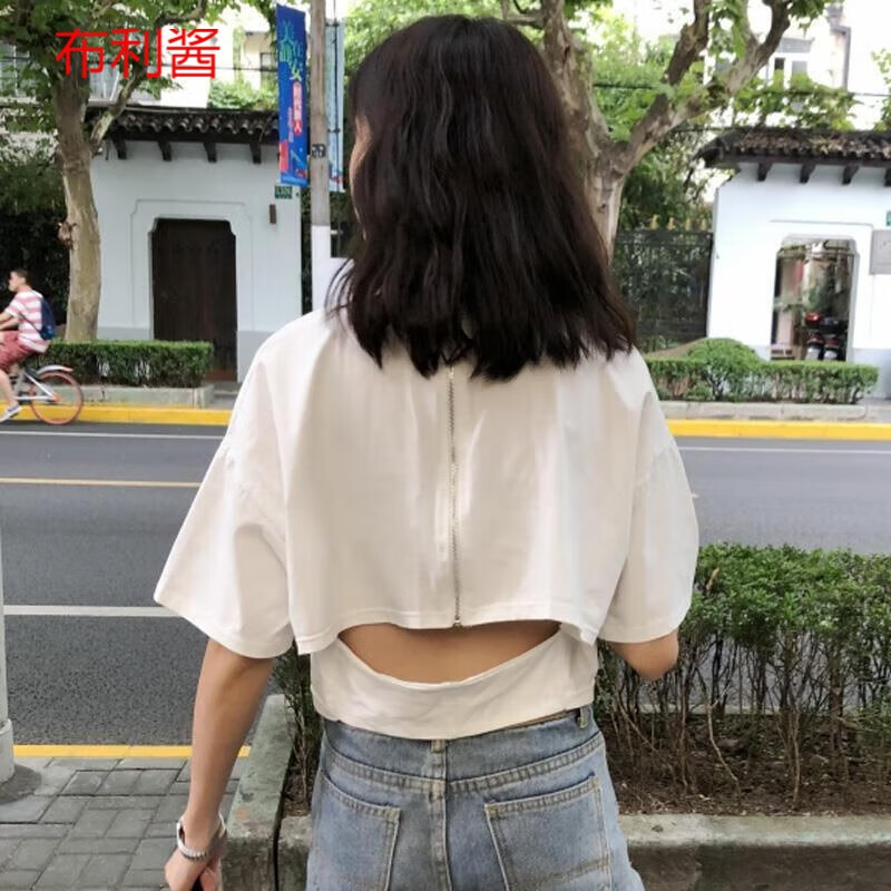 nasa leap 韩版短款宽脐t恤女学生短袖高腰漏后背小心机上衣短装衣服