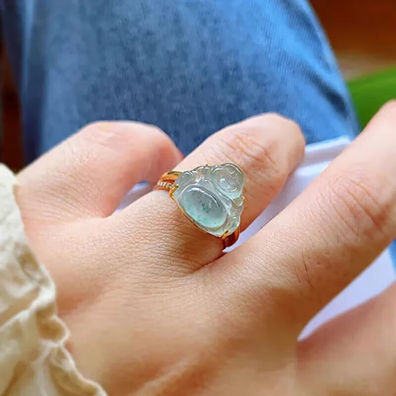 伊甸之星蒙族戒指佛公玉髓老坑高冰种缅甸银金镶玉简约520情人节送男