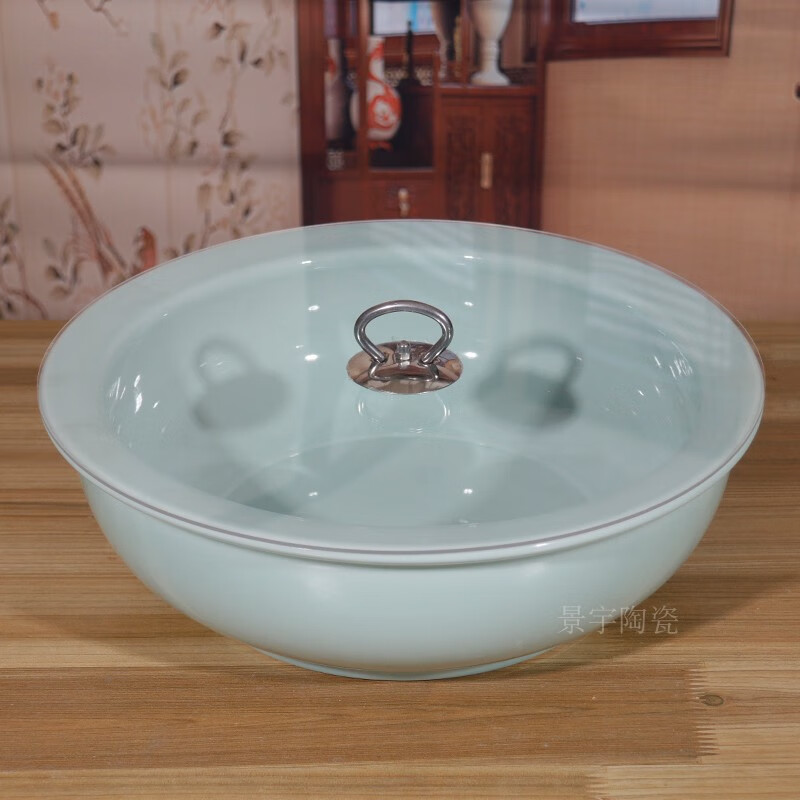 沨漪栎瓷盆厨房用 和面景德镇陶瓷和面盆家用大号加厚带盖发面盆揉