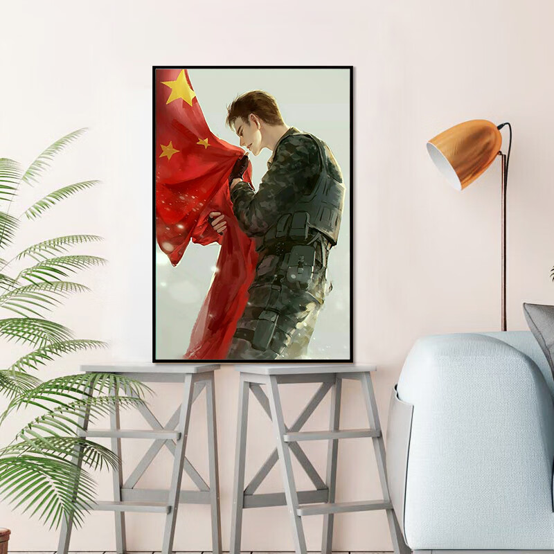 军人绘画 国旗手工画军人警察公安消防兵哥哥diy数字油彩画五星红旗